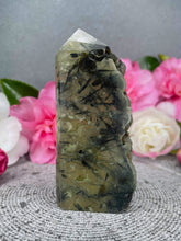 Load image into Gallery viewer, Stone Of Prophecy Prehnite Crystal Tower Point Freeform With Raw Druzy