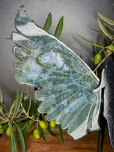 Load image into Gallery viewer, Large Moss Agate Crystal Angel Wings Black Stand