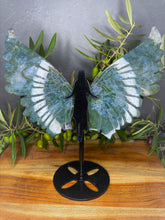Load image into Gallery viewer, Large Moss Agate Crystal Angel Wings Black Stand