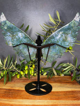 Load image into Gallery viewer, Large Moss Agate Crystal Angel Wings Black Stand