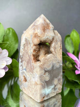 Load image into Gallery viewer, Tranquil Pink Amethyst With Flower Agate Crystal Geode Tower