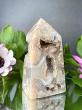 Load image into Gallery viewer, Tranquil Pink Amethyst With Flower Agate Crystal Geode Tower