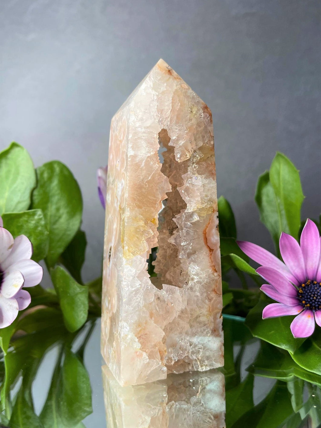 Stunning Pink Amethyst With Flower Agate Crystal Geode Tower