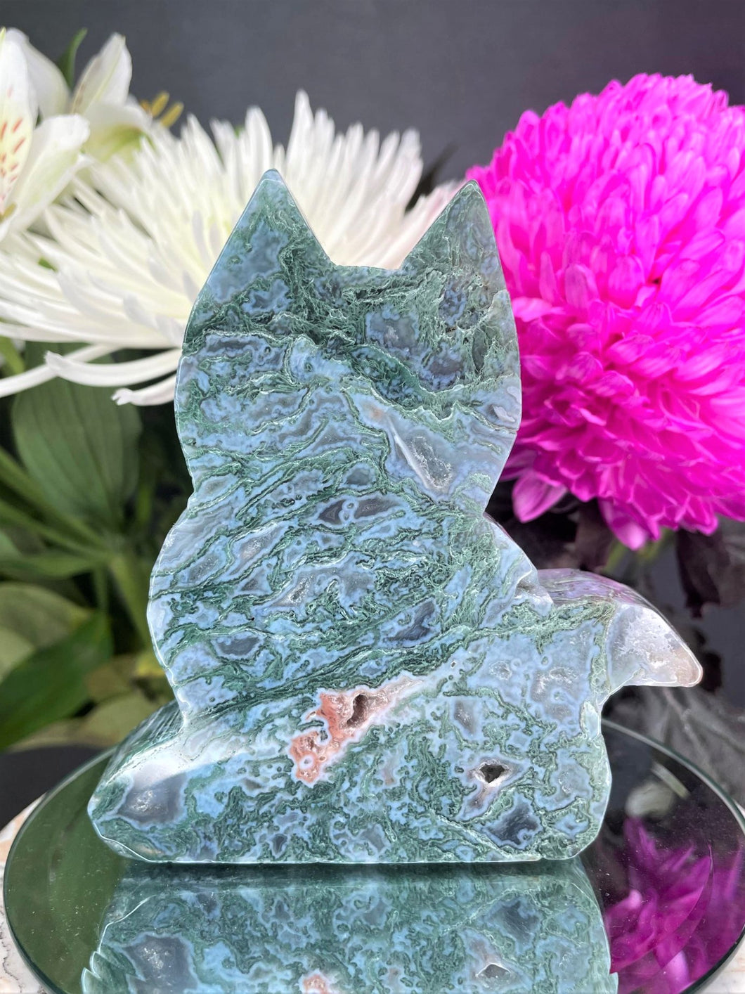 Stunning Moss Agate Crystal Cat Carving