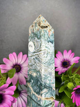 Load image into Gallery viewer, Moss Agate Crystal Tower With Raw Pocket Geodes