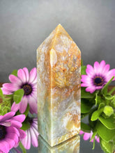 Load image into Gallery viewer, Unique Purple & Orange Moss Agate Crystal Tower