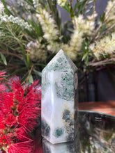 Load image into Gallery viewer, Chakra Healing Moss Agate Crystal Tower Point