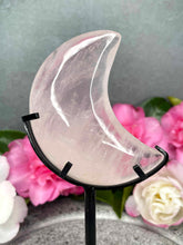 Load image into Gallery viewer, Stunning Rose Quartz Crystal Crescent Moon Carving On Black Stand