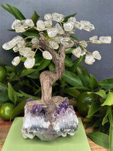Load image into Gallery viewer, Tree of Life Amethyst Cluster Base & Clear Quartz Tumble Leaves