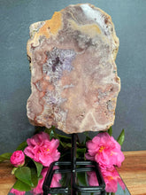 Load image into Gallery viewer, Elegant Pink Amethyst Slab On Stand With Druzy