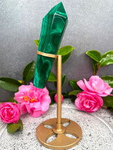 Load image into Gallery viewer, Malachite Wand Point In Gold Painted Metal Stand