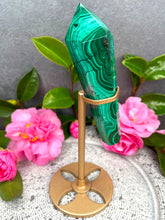 Load image into Gallery viewer, Malachite Wand Point In Gold Painted Metal Stand