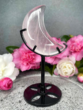 Load image into Gallery viewer, Transparent Rose Quartz Crystal Crescent Moon Carving On Black Stand