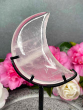 Load image into Gallery viewer, Rose Quartz Crystal Crescent Moon Carving On Black Stand