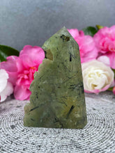 Load image into Gallery viewer, Intuition Prehnite Crystal Tower Point Freeform With Raw Druzy