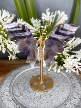 Load image into Gallery viewer, Dream Amethyst Chevron Crystal Butterfly Wings On Gold Stand