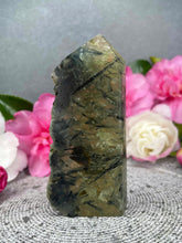 Load image into Gallery viewer, Stone Of Prophecy Prehnite Crystal Tower Point Freeform With Raw Druzy
