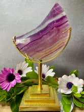 Load image into Gallery viewer, Stunning Fluorite Crystal Crescent Moon With Gold Stand