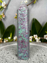 Load image into Gallery viewer, Stunning UV Reactive Ruby Fuchsite Kyanite Crystal Tower Point