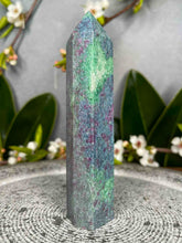 Load image into Gallery viewer, UV Reactive Ruby Fuchsite Kyanite Crystal Tower Point