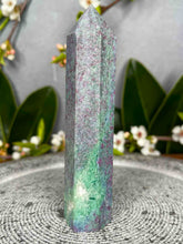 Load image into Gallery viewer, Stunning UV Reactive Ruby Fuchsite Kyanite Crystal Tower Point