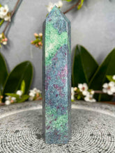Load image into Gallery viewer, UV Reactive Ruby Fuchsite Kyanite Crystal Tower Point