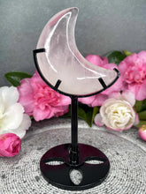 Load image into Gallery viewer, Soft Rose Quartz Crystal Crescent Moon Carving Black Stand