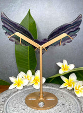 Load image into Gallery viewer, Rainbow Fluorite Angel Wings Heart Carving Gold Stand