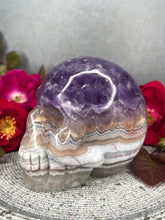 Load image into Gallery viewer, Beautiful Mexican Crazy Lace Agate Amethyst Crystal Skull Carving
