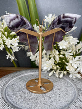 Load image into Gallery viewer, Dream Amethyst Chevron Crystal Butterfly Wings On Gold Stand