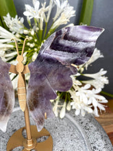 Load image into Gallery viewer, Dream Amethyst Chevron Crystal Butterfly Wings On Gold Stand