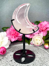 Load image into Gallery viewer, Stunning Rose Quartz Crystal Crescent Moon Carving On Black Stand