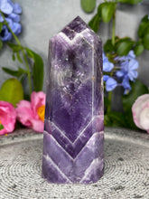 Load image into Gallery viewer, Peaceful Chevron Dream Amethyst Crystal Tower Point