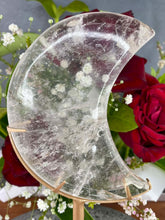 Load image into Gallery viewer, Beautiful Clear Quartz Crescent Moon On Gold Stand