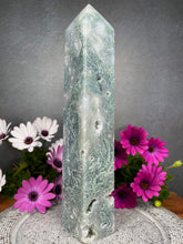 Load image into Gallery viewer, Druzy Blue Moss Agate Crystal Tower Point