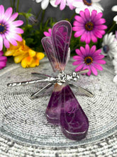 Load image into Gallery viewer, DISCOUNTED Purple Fluorite Dragonfly Silver Stand