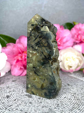 Load image into Gallery viewer, Stone Of Prophecy Prehnite Crystal Tower Point Freeform With Raw Druzy