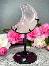 Load image into Gallery viewer, Stunning Rose Quartz Crystal Crescent Moon Carving On Black Stand