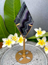 Load image into Gallery viewer, Stunning Rainbow Fluorite Diamond Carving Gold Stand
