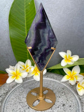 Load image into Gallery viewer, Rainbow Fluorite Diamond Carving Gold Stand