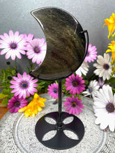 Load image into Gallery viewer, Golden Sheen Obsidian Crystal Crescent Moon Carving Black Stand