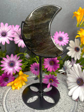Load image into Gallery viewer, Golden Sheen Obsidian Crystal Crescent Moon Carving Black Stand