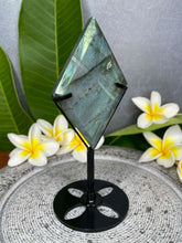 Load image into Gallery viewer, Labradorite Teal Flash Diamond Carving Black Stand