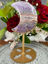 Load image into Gallery viewer, Amethyst Mexican Crazy Lace Agate Crescent Moon On Gold Stand
