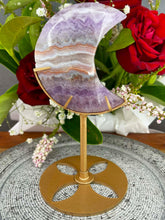Load image into Gallery viewer, Amethyst Mexican Crazy Lace Agate Crescent Moon On Gold Stand