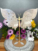 Load image into Gallery viewer, Moonstone Crystal Butterfly Wings Blue Flash Gold Stand
