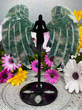 Load image into Gallery viewer, Moss Agate Crystal Angel Wings Black Stand