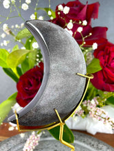 Load image into Gallery viewer, Stunning Silver Sheen Obsidian Crescent Moon On Gold Stand