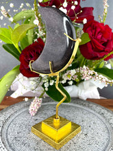 Load image into Gallery viewer, Beautiful Silver Sheen Obsidian Crescent Moon On Gold Stand