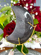 Load image into Gallery viewer, Beautiful Silver Sheen Obsidian Crescent Moon On Gold Stand